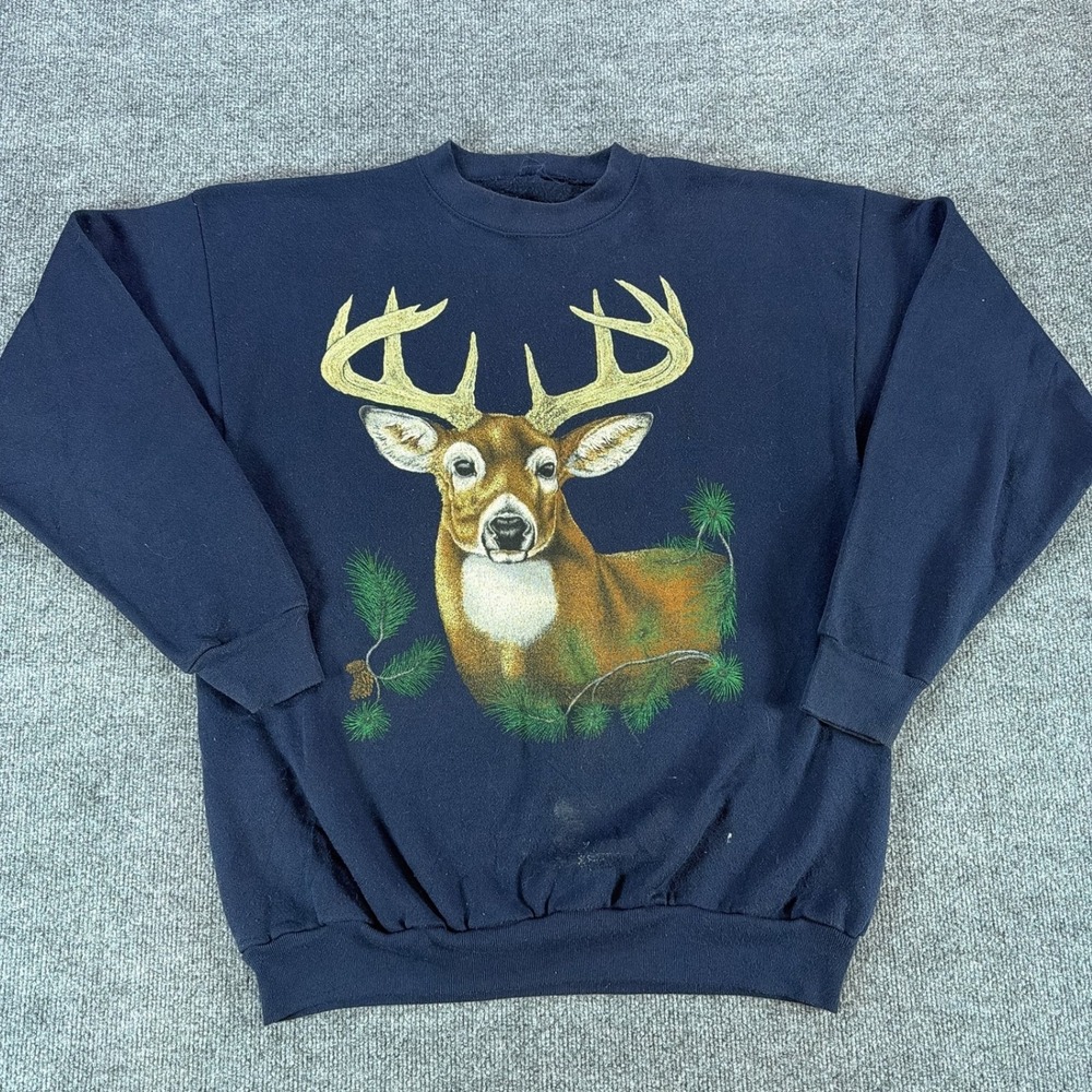 Vintage Deer Graphic Crewneck Sweatshirt Navy Blue Buck Hunting Outdoor XL